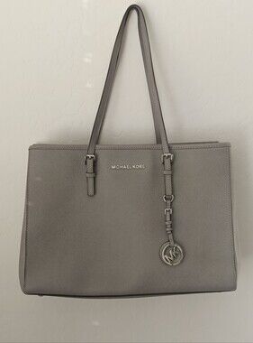 MICHAEL KORS Gray Saffiano Leather Tote with Logo Charm